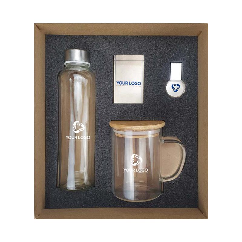 Natural Cardboard Gift Box With Promotional Glass Bottle, Travel Cup with Bamboo Lid & Spoon